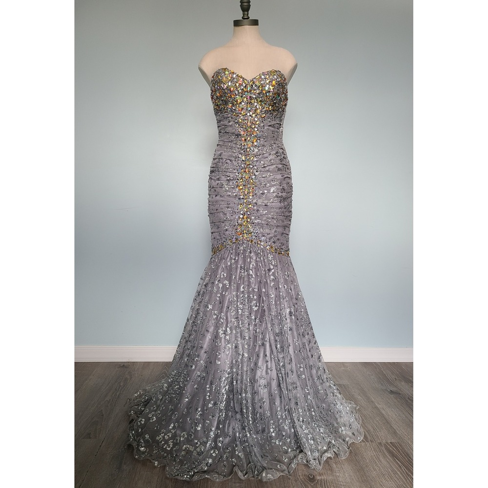 Jovani Sz 2 Mermaid Formal Prom Dress Silver Sparkly Cheetah Y2K McBling Studded